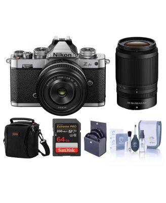 Z fc DX-Format Mirrorless Camera, Silver, with 28mm f/2.8 and 50-250mm f/4.5-6.3 Lens, Bundle with 64GB Memory Card, Bag, 62mm and 52mm Filter