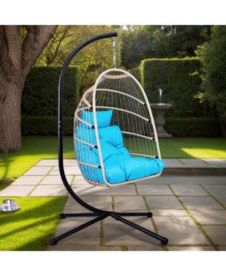 Blue Wicker Egg Hanging Chair with Stand and 350 lb Capacity