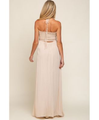 Maternity Beige Smocked Halter Maxi Dress