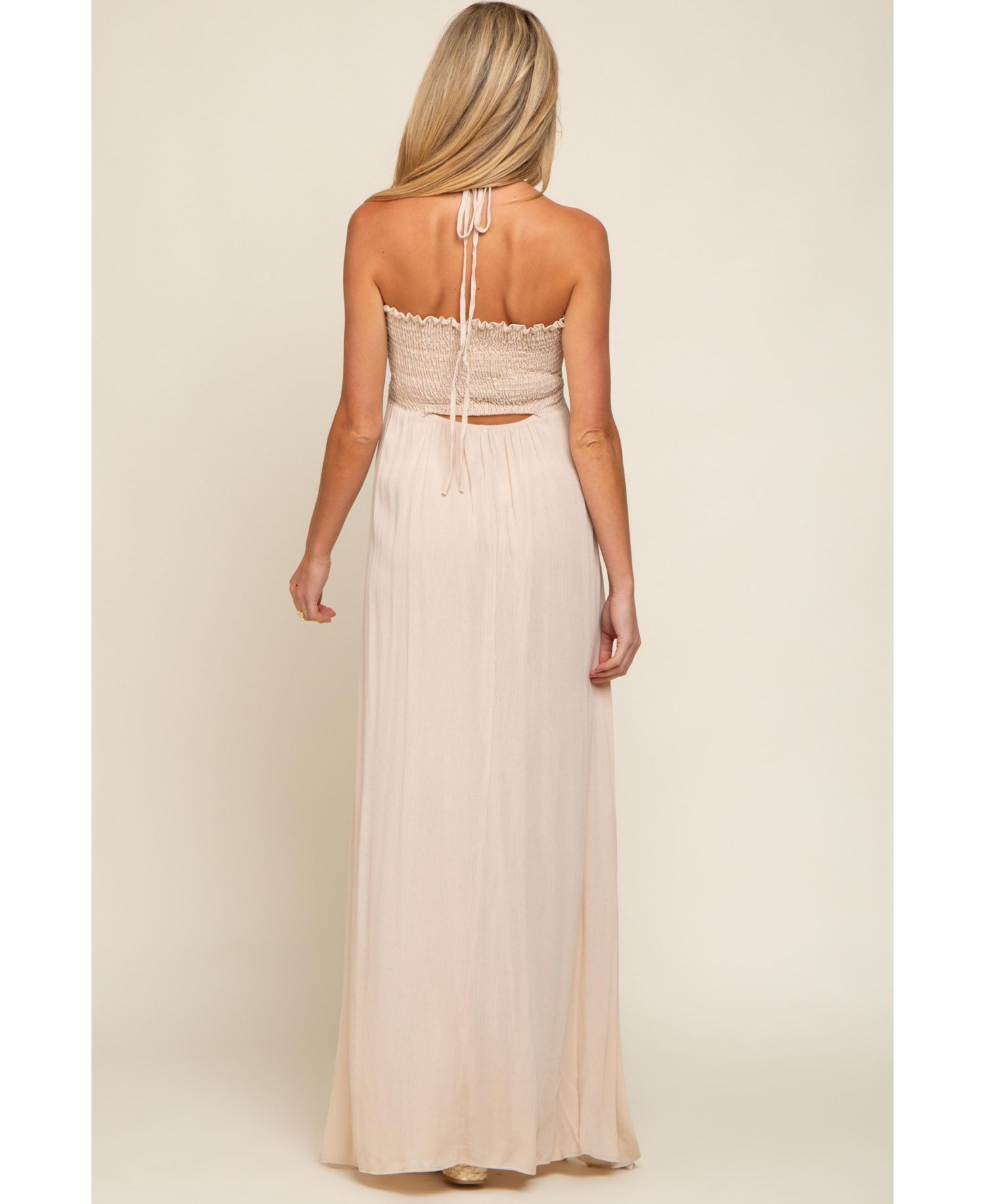 Women's Beige Smocked Halter Maxi Dress