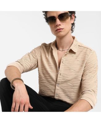 Men's Saltbox Beige Self-Design Wave Shirt