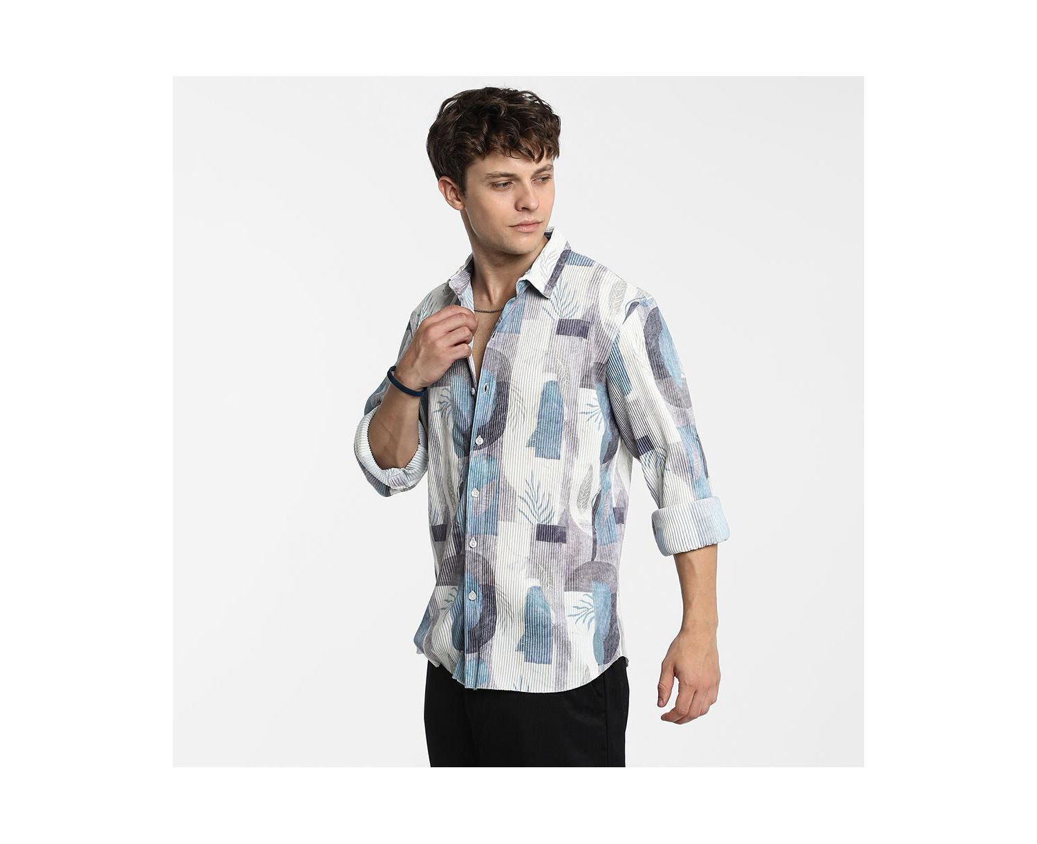 Men's Icy Blue & Ivory White Twig-Block Shirt