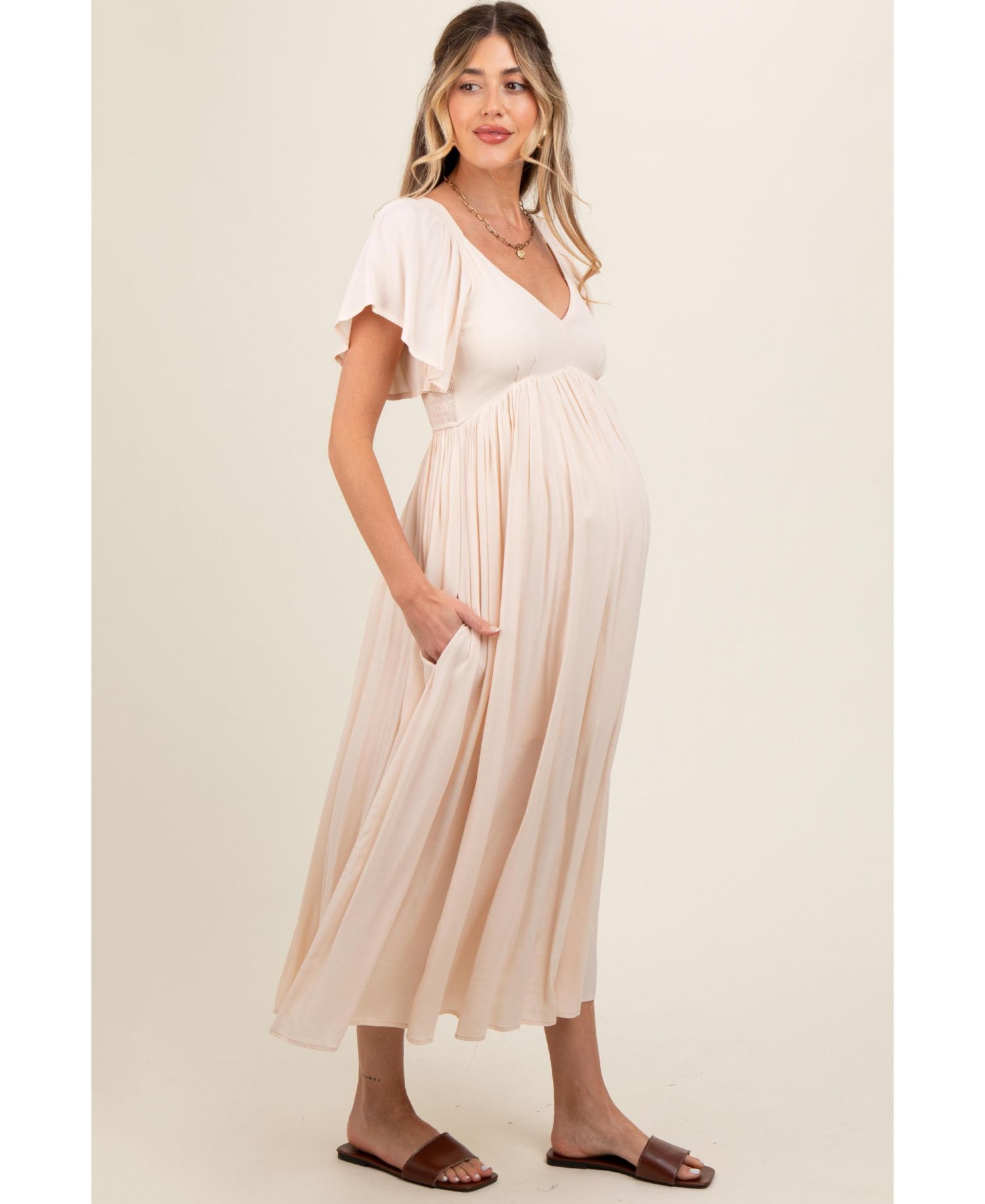 Women's Cream V-Neck Flutter Short Sleeve Midi Dress