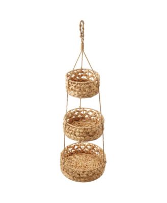 3-Tier Hanging Fruit Basket Set, Natural Water Hyacinth Storage Baskets for Produce, Herbs, Plants, Boho Kitchen Pantry Storage Organizer