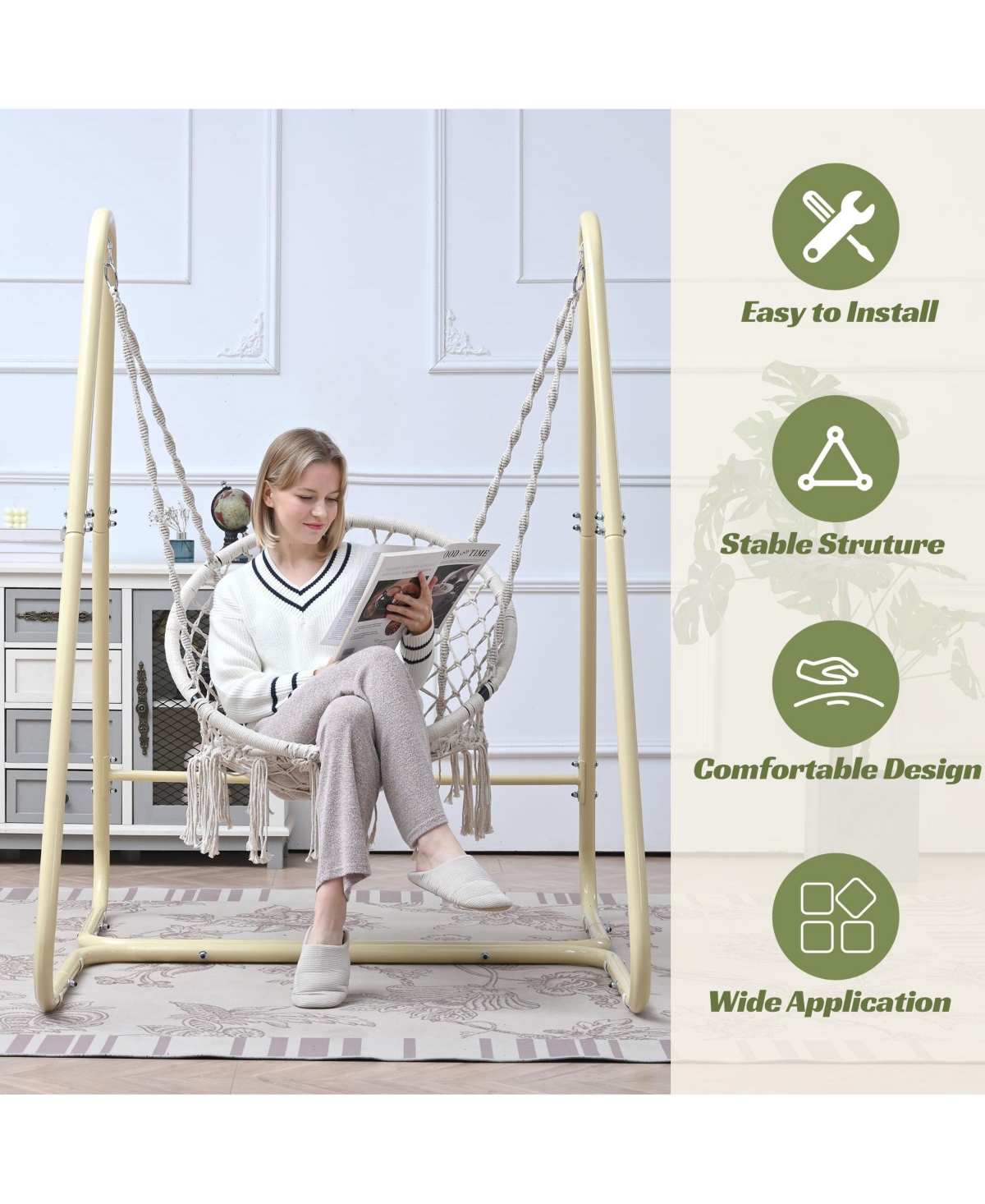 Flynama Handmade Macrame Swing Hammock Chair with Stand Boho Style