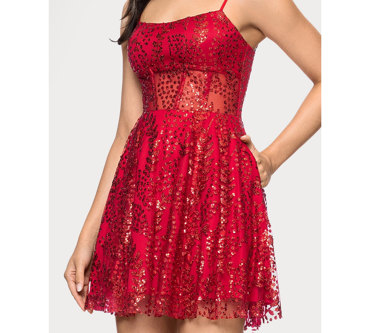 Blondie Nites Juniors' Glitter Illusion Corset Mesh Fit & Flare Dress