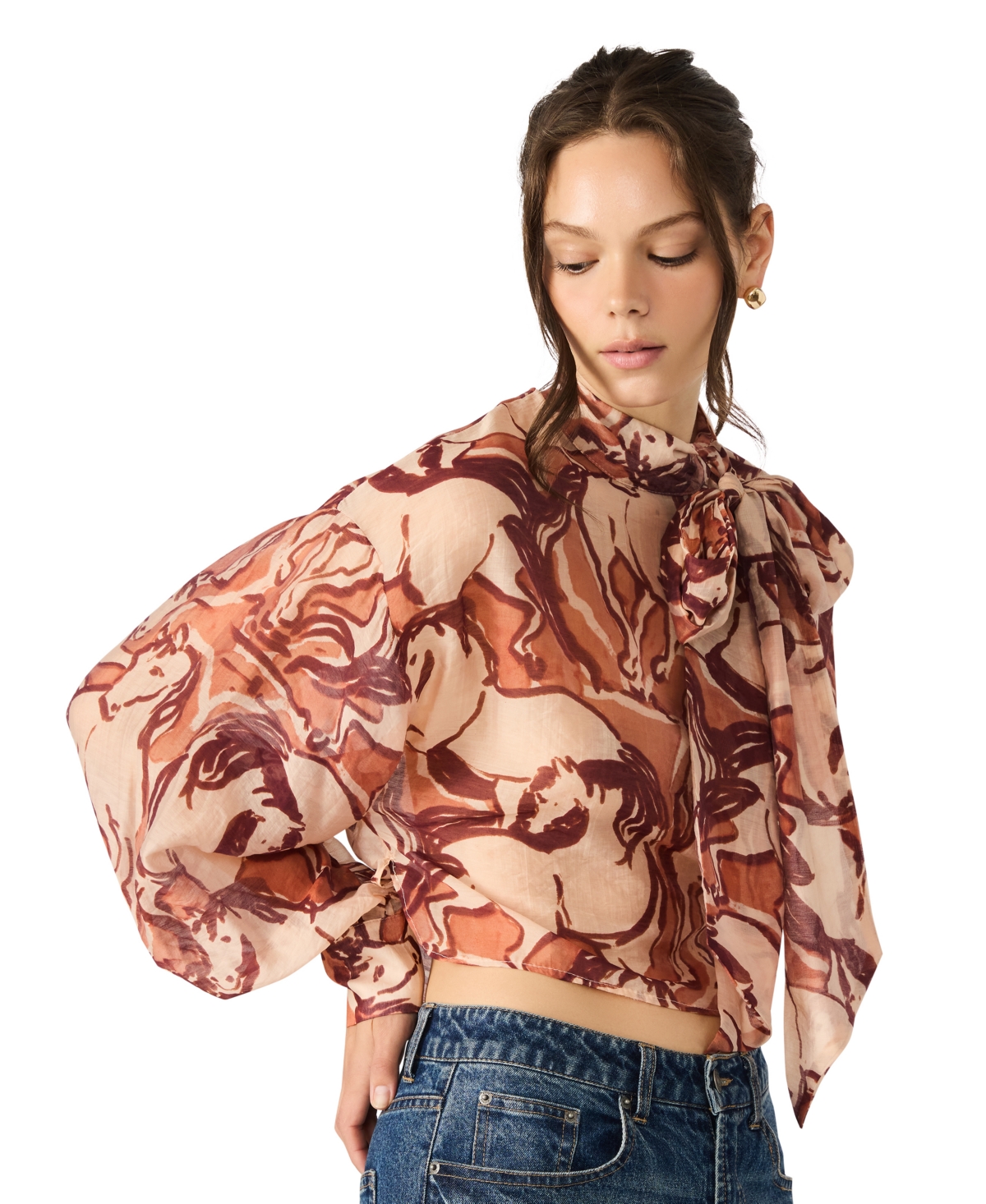 Steve Madden Sutton Equestrian Print Tie Neck Top In Brown