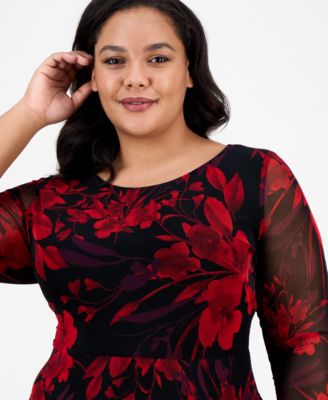 Plus Size Printed 3/4-Sleeve Fit & Flare Dress