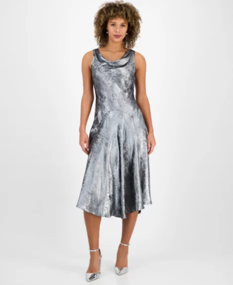 Petite Foil Asymmetric-Hem Cowl Neck Midi Dress - Silver
