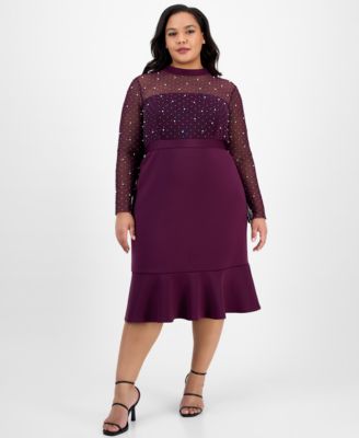 London Times - Plus Size Faux-Pearl Ruffled-Hem Dress