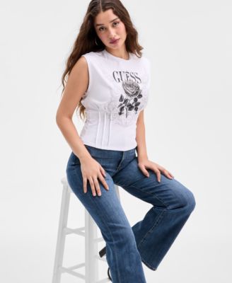 Women's Rose Graphic Corset-Detail Top