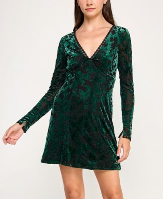 Women's Long Sleeve Velvet V-Neck Dress