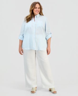 Plus Size 100% Linen Striped Button-Front Shirt, Macy's Exclusive