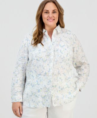 Charter Club - Plus Size 100% Linen Floral Button-Front Shirt