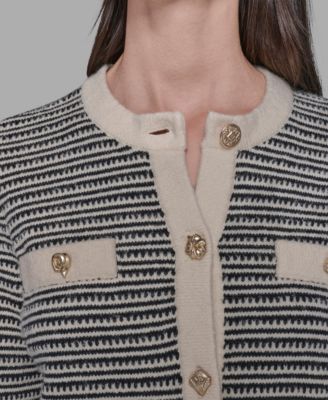 Women's Striped Crewneck Cardigan Sweater