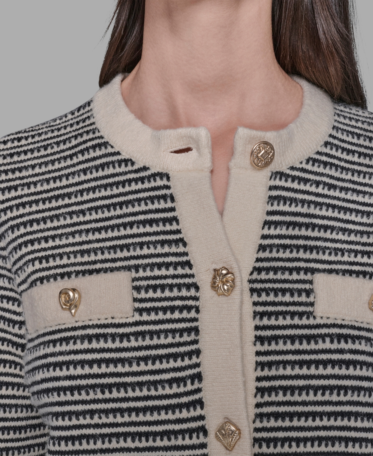 Karl Lagerfeld Paris Women's Striped Crewneck Cardigan Sweater