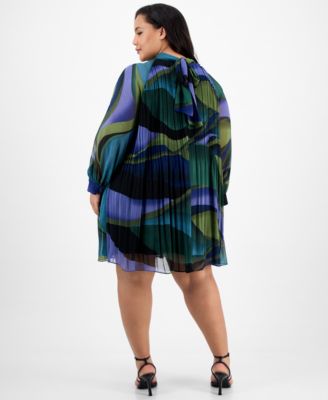 Plus Size Printed Pleated Blouson-Sleeve Shift Dress