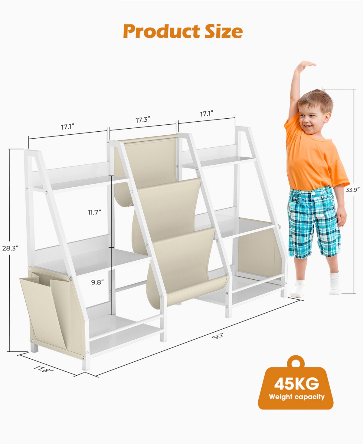 2-in-1 Kids Bookshelf and Toy Storage Organizer with Fabric Bins