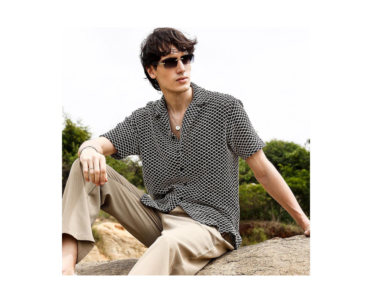 Men's Contrast Rhombus Oversized Shirt