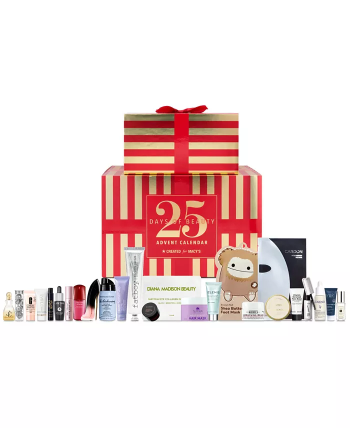 A red and gold box with 25 beauty products in front of it