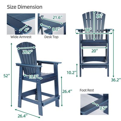 Tall Adirondack Chair HDPE Bar Stool with Connecting Tray for Lawn Backyard Garden, Set of 2