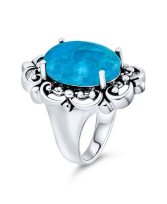 Western Style Filigree Oval Cabochon Full Finger Statement Blue Turquoise Ring Oxidized Sterling Silver