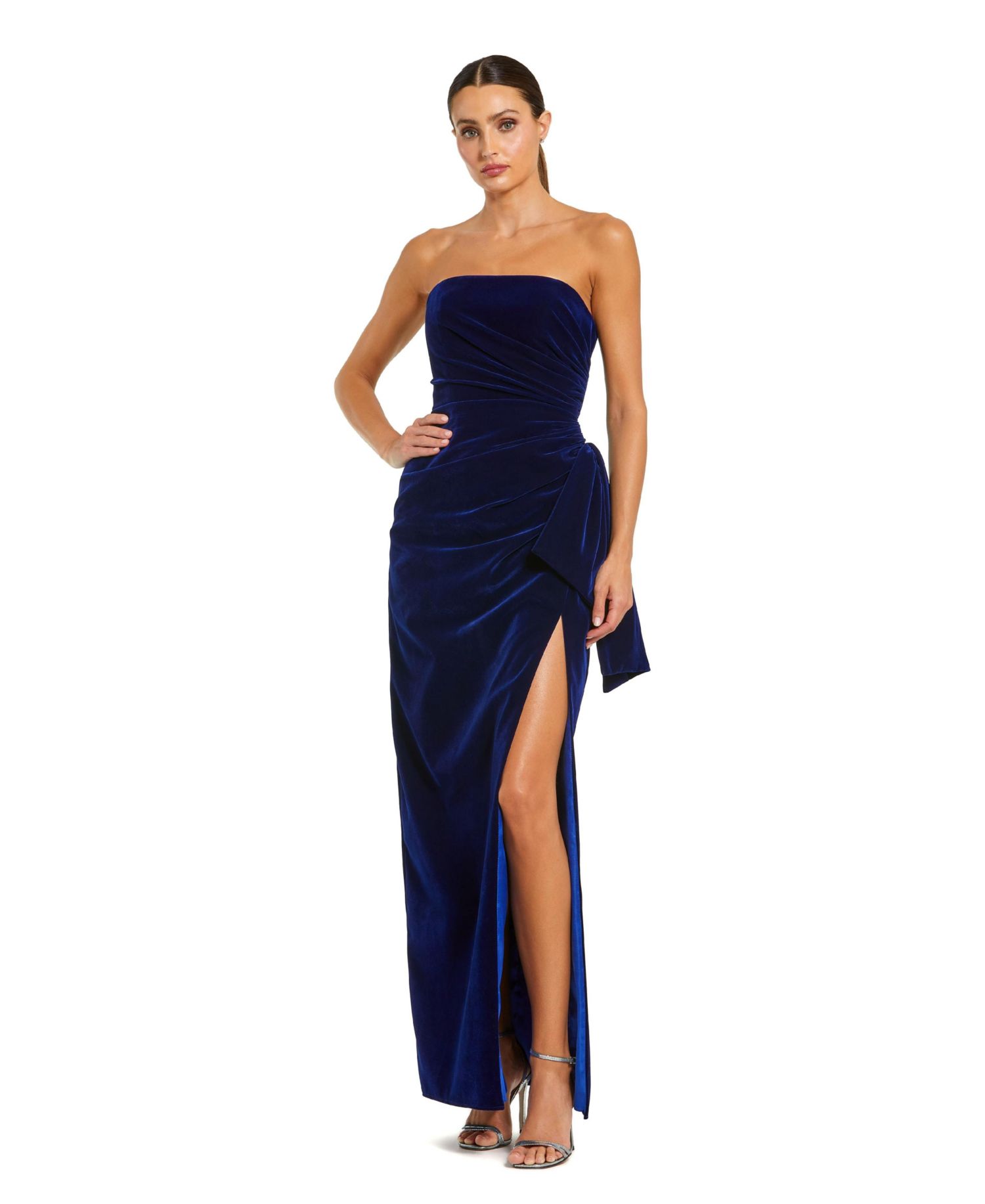 Women's Strapless High Slit Draped Velvet Gown