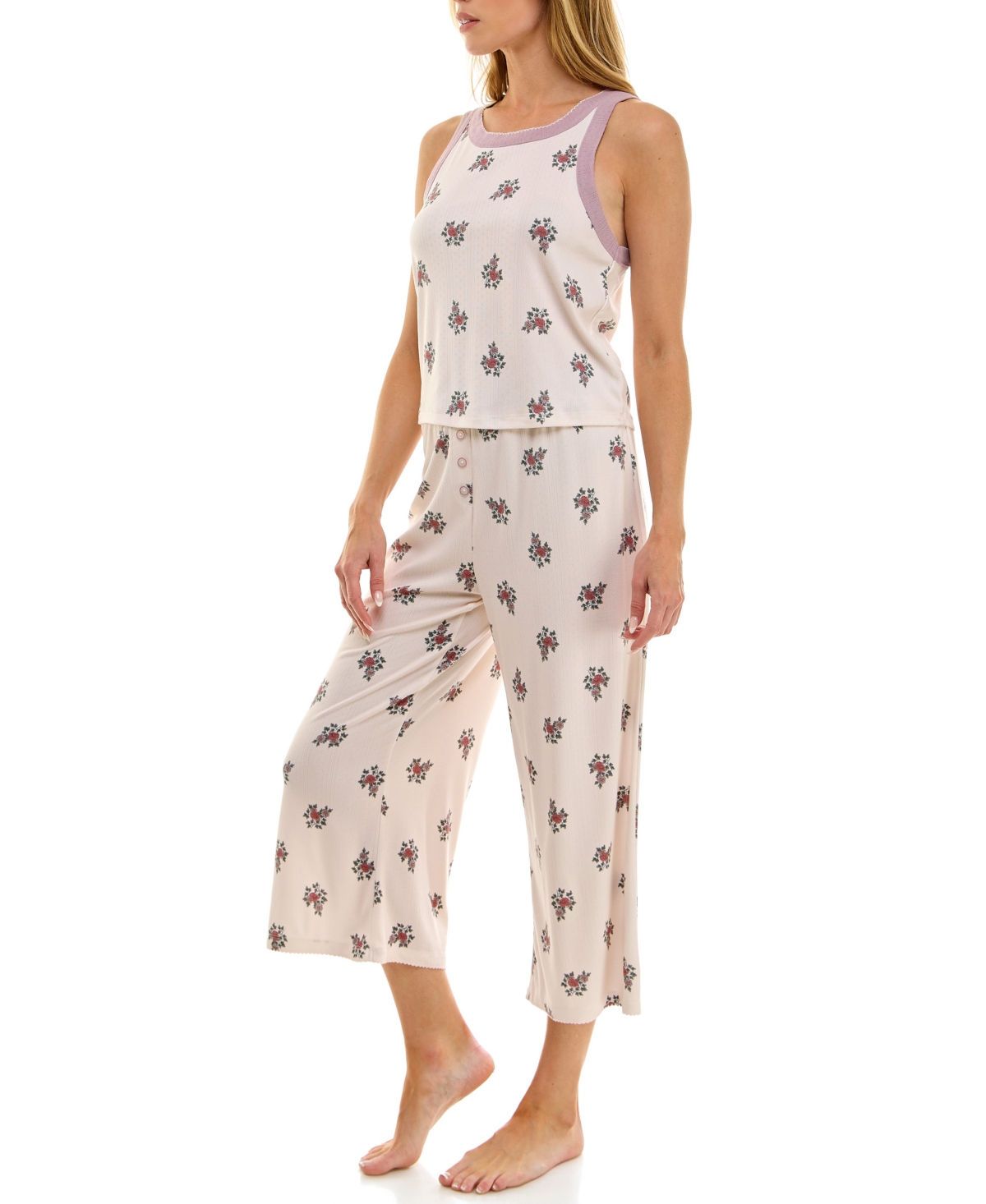 Roudelain Women's 2-piece Contrast Binding Sleeveless T-shirt And Pajama Set In Neutral