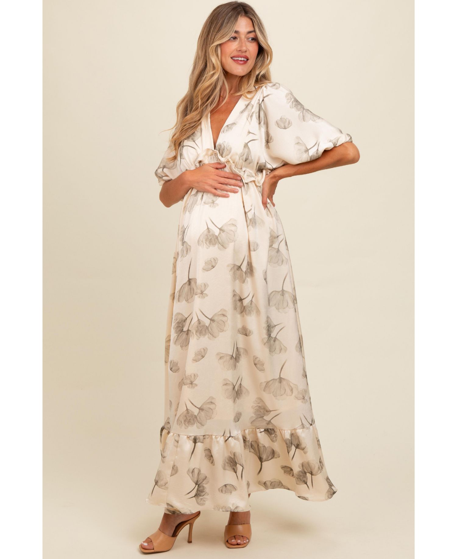 Women's Cream Floral Chiffon Ruffle Accent Maxi Dress