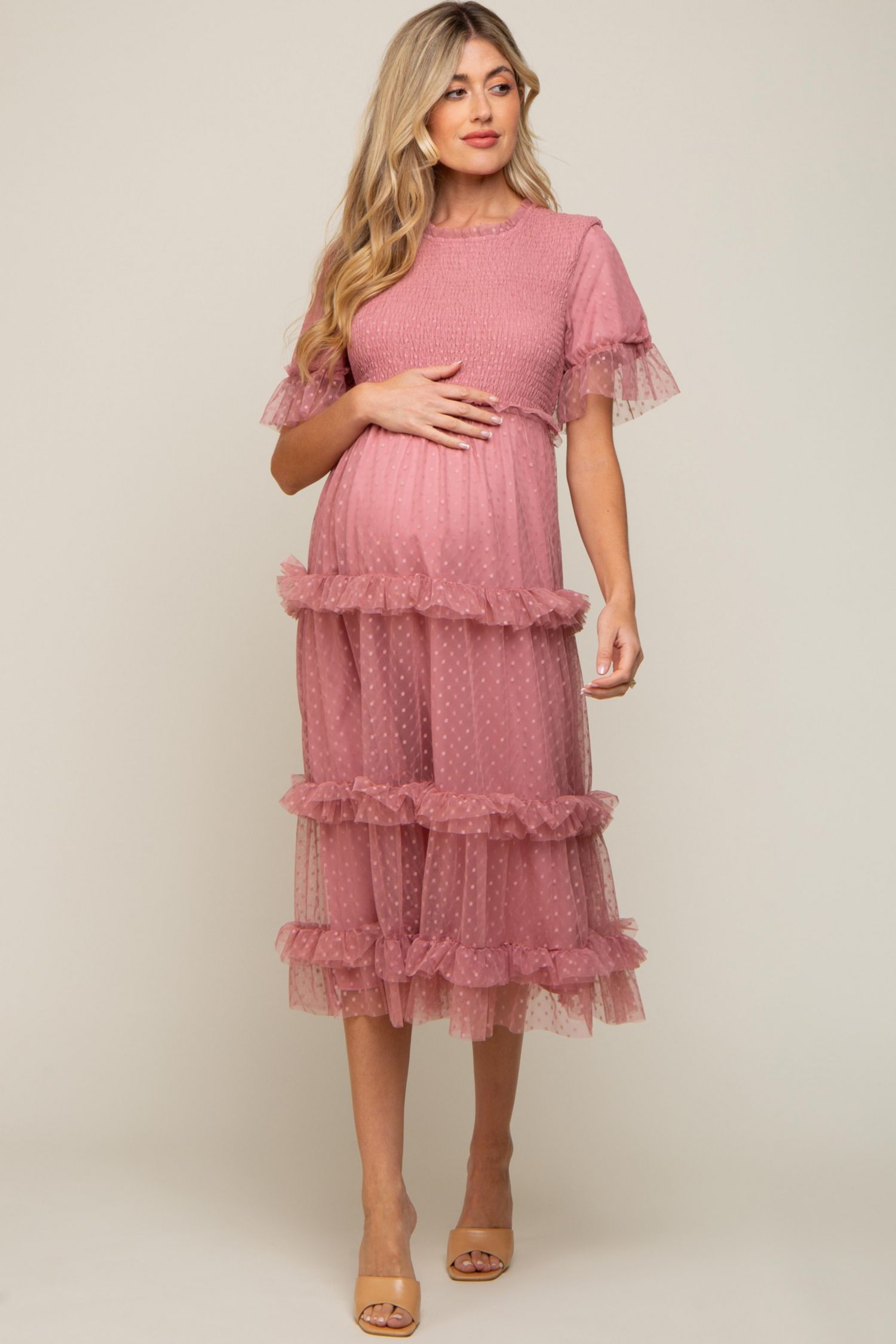 Women's Pink Polka Dot Tulle Smocked Midi Dress