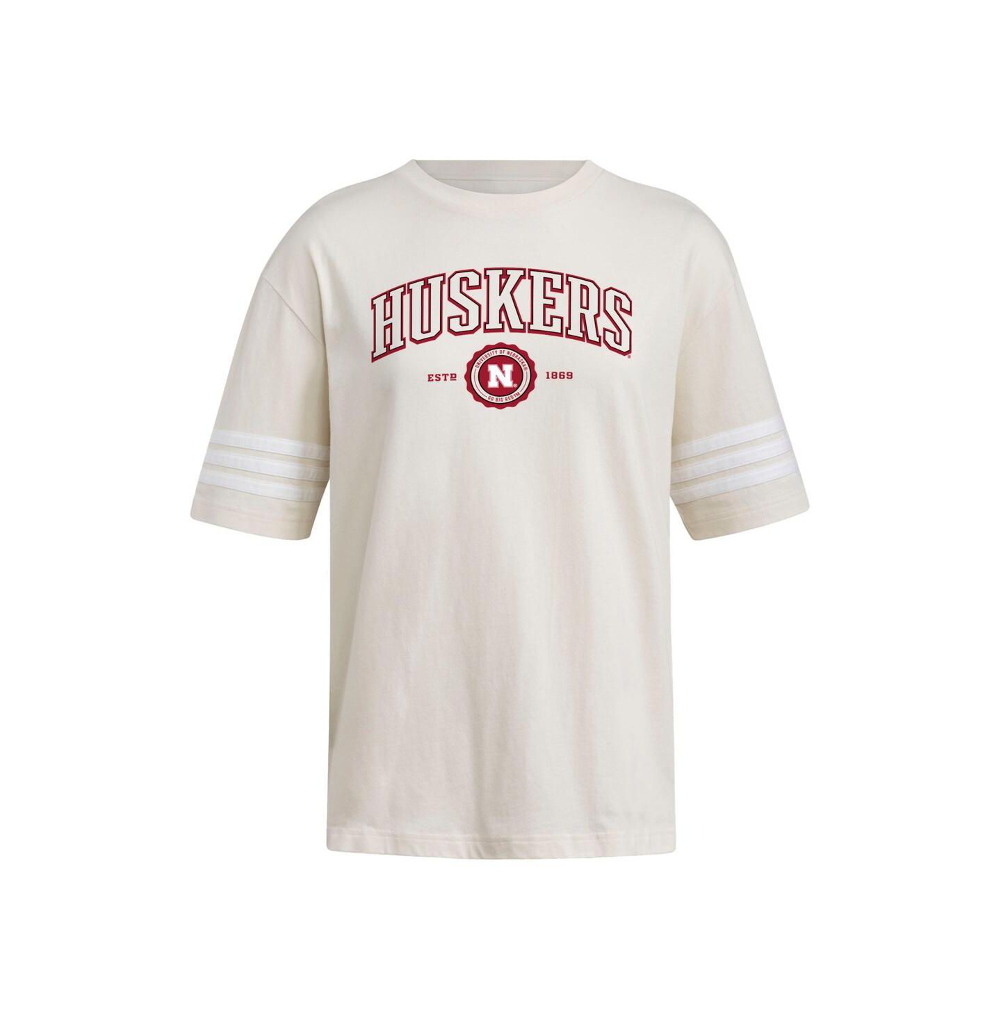 Женская футболка adidas Cream Nebraska Huskers Fashion Three-Stripes Oversized — фото 2