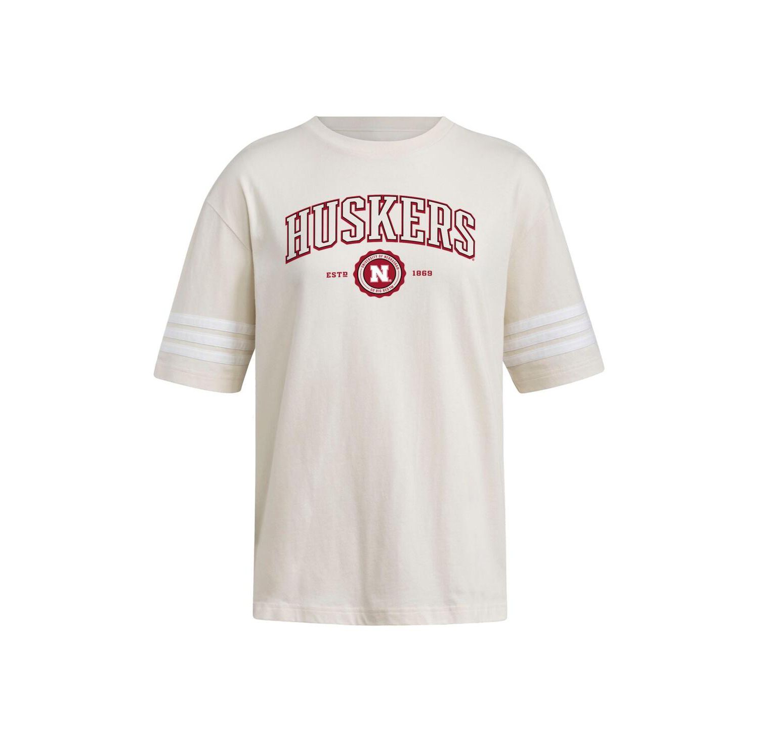 Women's Cream Nebraska Huskers Fashion Three-Stripes Oversized T-Shirt
