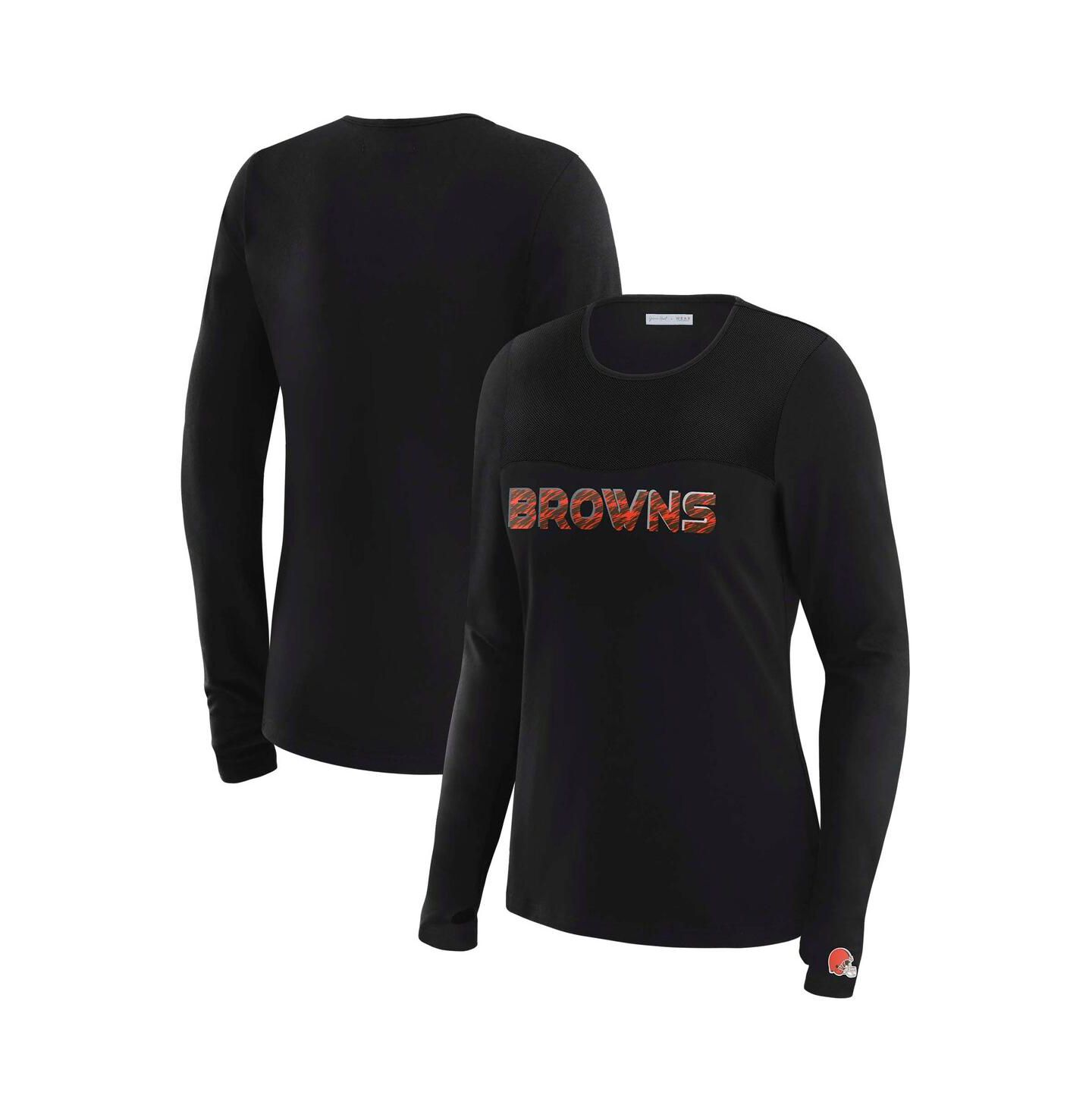 Женская футболка WEAR by Erin Andrews x Gracie Hunt Black Cleveland Browns Mesh Panel Long Sleeve — фото 1