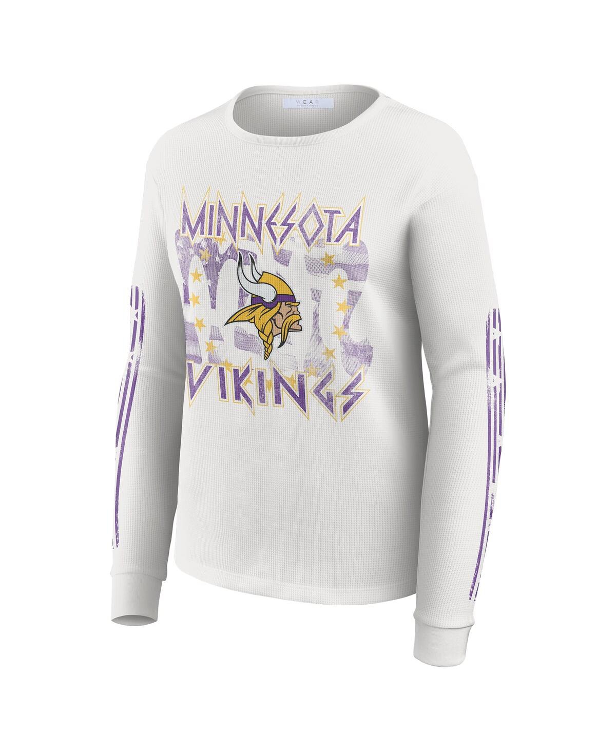 Wear by Erin Andrews Women's White Minnesota Vikings Graphic Waffle Long-Sleeve T-Shirt