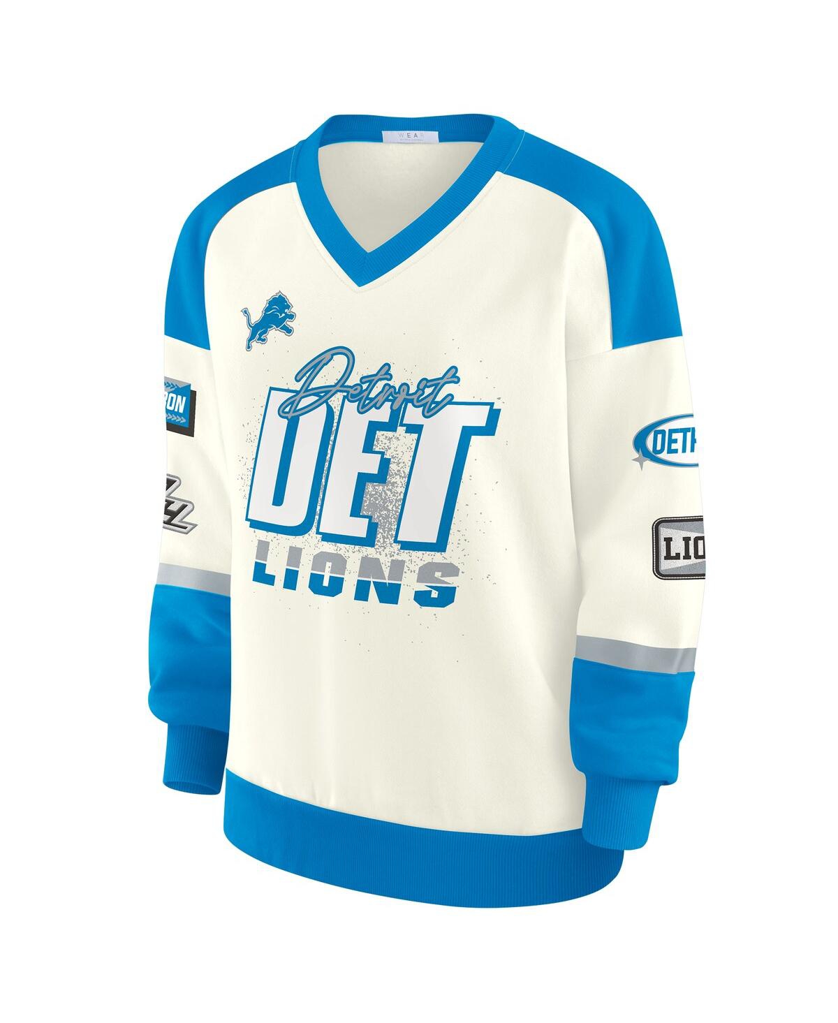 Wear By Erin Andrews Women's Cream Detroit Lions Racing Crew V-neck Sweatshirt In White