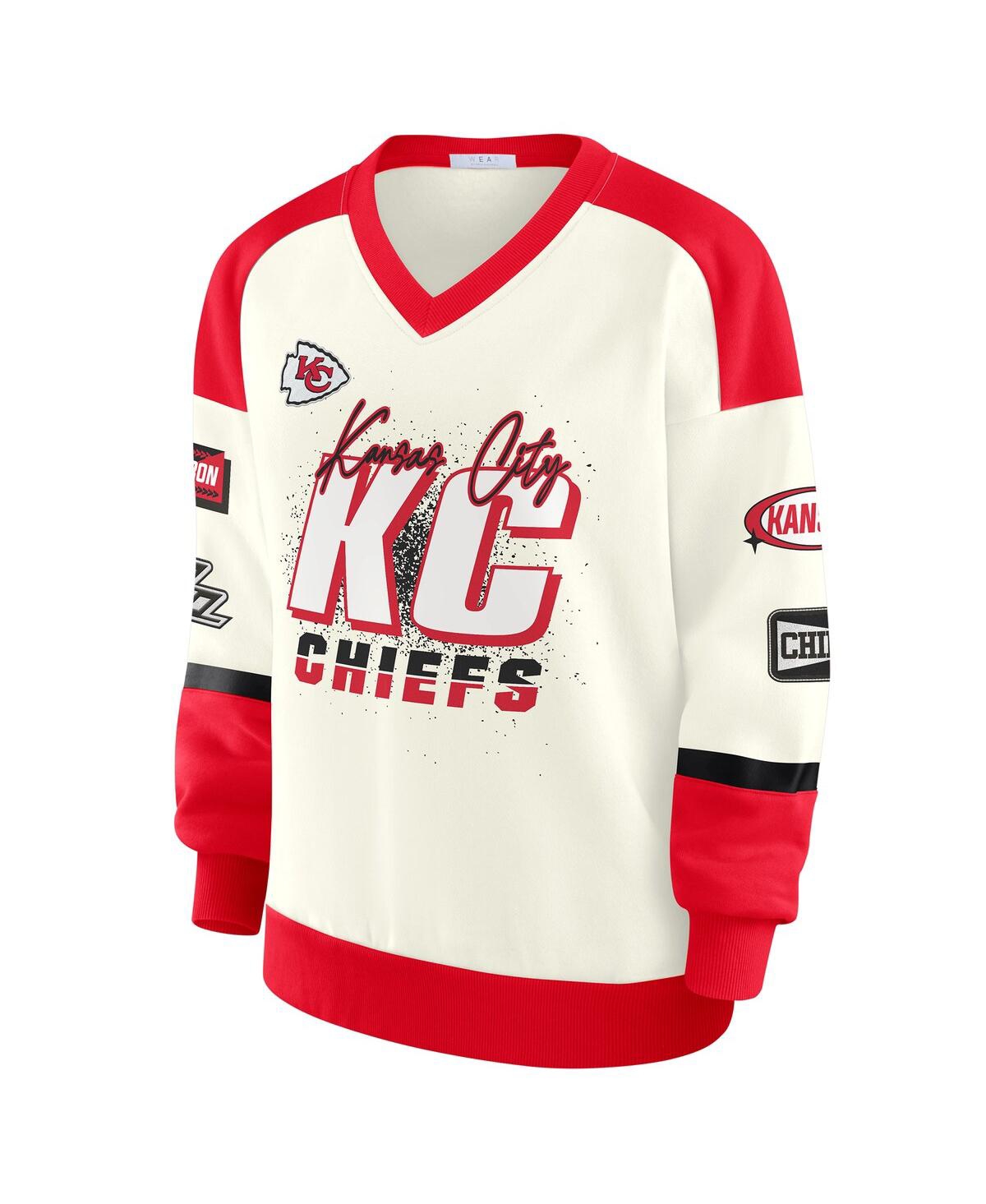 Wear By Erin Andrews Women's Cream Kansas City Chiefs Racing Crew V-neck Sweatshirt In Multi