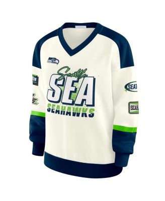 Women's Cream Seattle Seahawks Racing Crew V-Neck Sweatshirt
