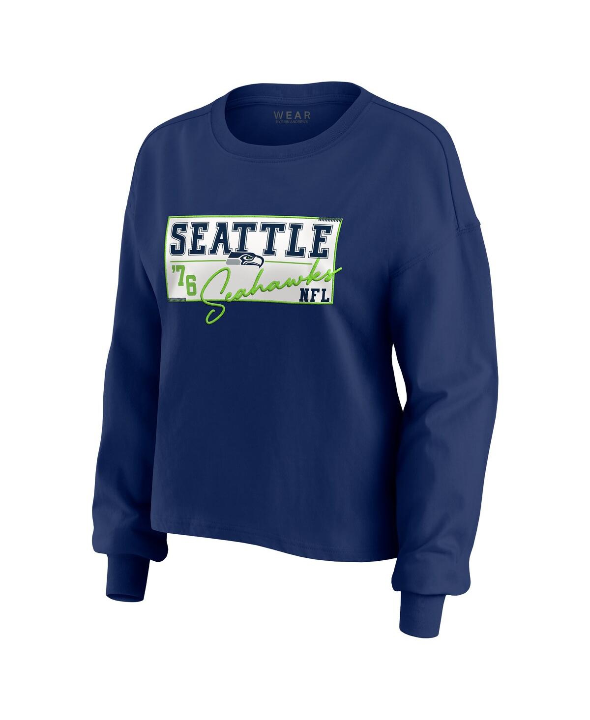 Wear By Erin Andrews Women's College Navy Seattle Seahawks Heavy Rugby Jersey Long Sleeve T-shirt Shorts Lounge Set In Blue