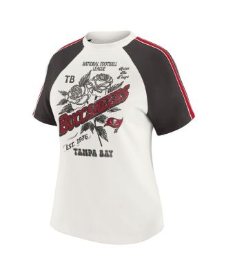 Women's White Tampa Bay Buccaneers Sleeve Stripe Distressed Raglan T-Shirt