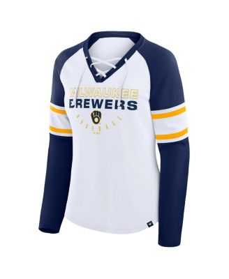 Women's White/Navy Milwaukee Brewers Blitz Package Raglan Lace-Up V-Neck Long Sleeve T-Shirt