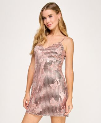 Juniors' Butterfly Sequin V-Neck Bodycon Dress