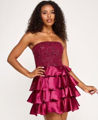Juniors' Sequin Embellished Strapless Satin Tiered Dress