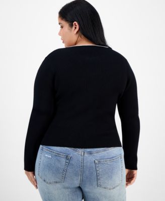 Trendy Plus Bow-Front Ribbed Crewneck Sweater