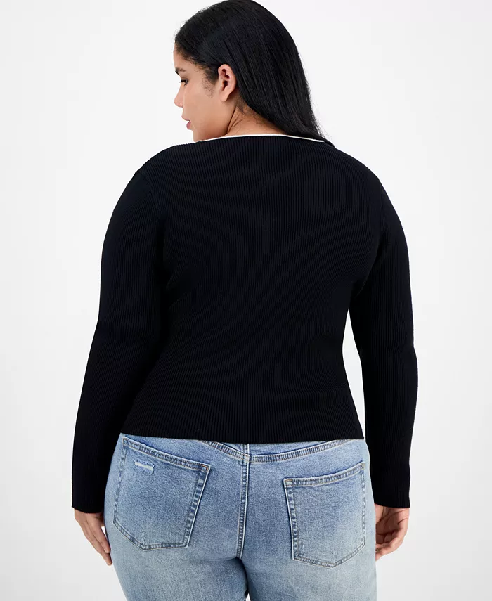 Trendy Plus Bow-Front Ribbed Crewneck Sweater - thumbnail 6