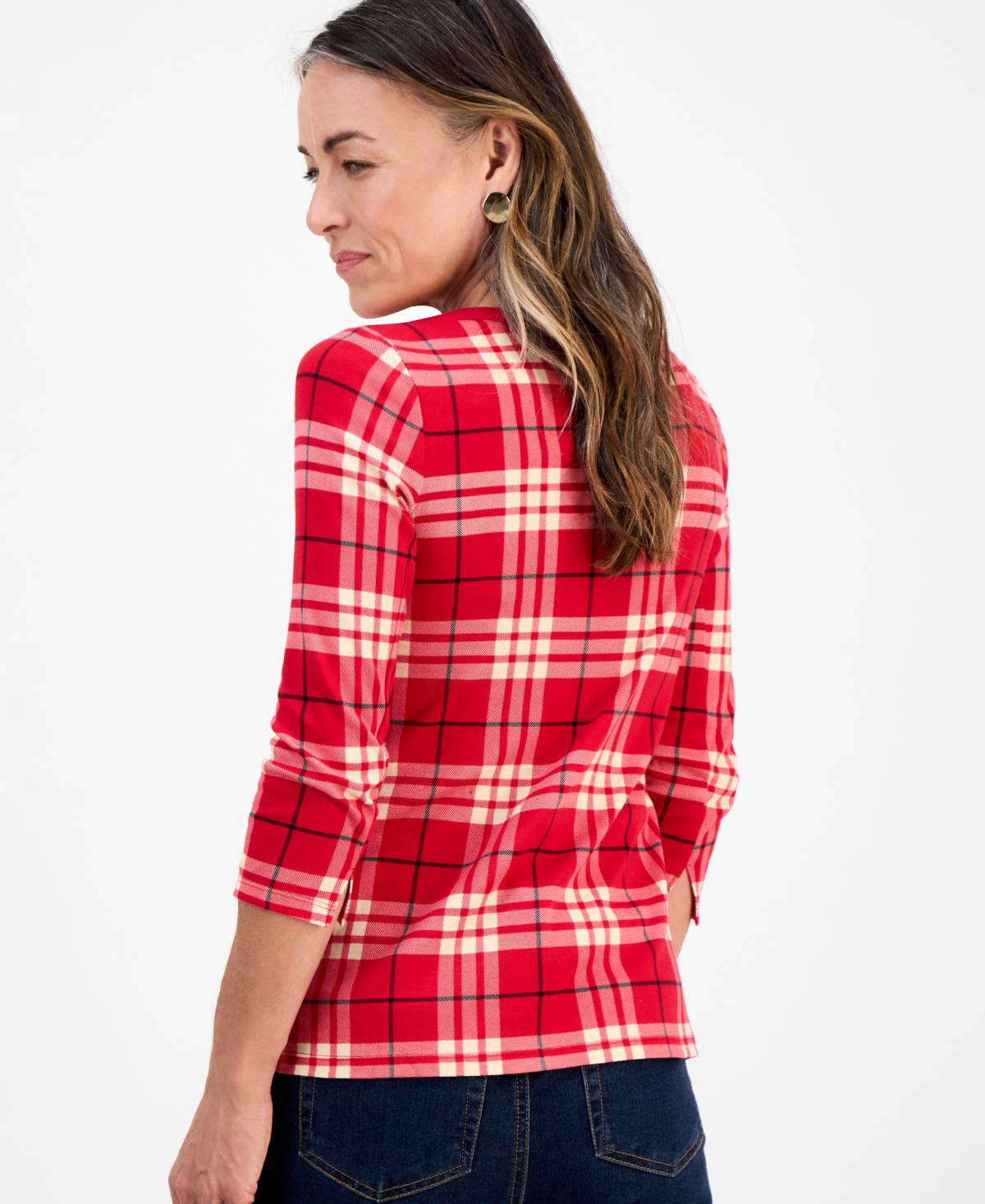 Style & Co Petite Cotton Sarah Plaid Top, Macy's Exclusive In Red