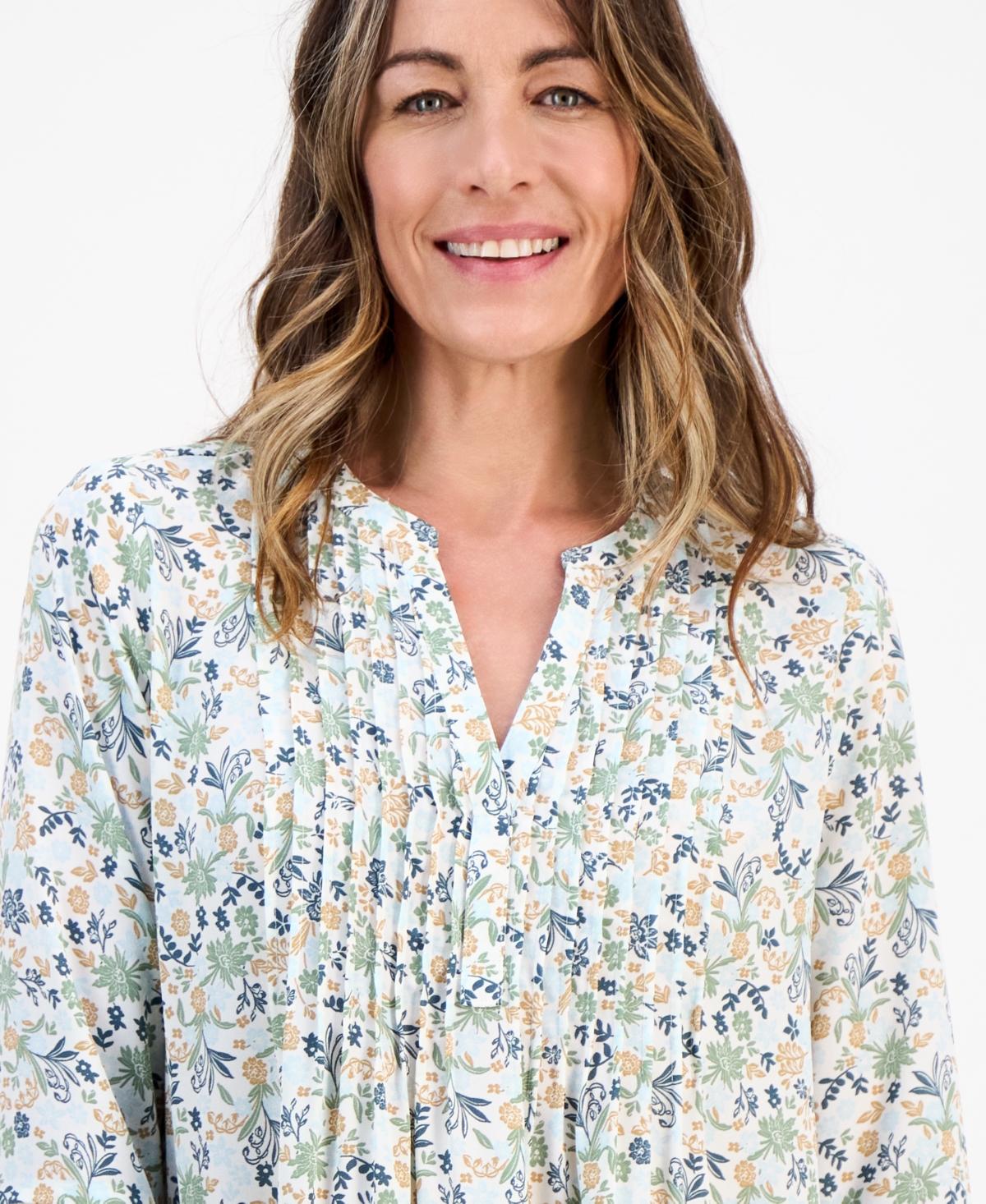 Style & Co Petite Romance Ditsy Pintucked Top, Macy's Exclusive In Multi