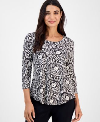Petite Painted Foliage 3/4-Sleeve Top, Macy's Exclusive 