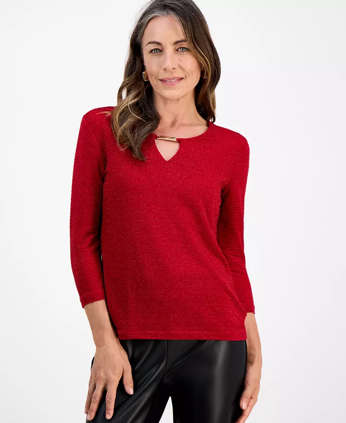 Petite Shine Stripe Jacquard Keyhole Top