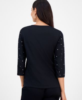 Petite Cotton Scoop-Neck Rhinestone 3/4-Sleeve Top, Macy's Exclusive 