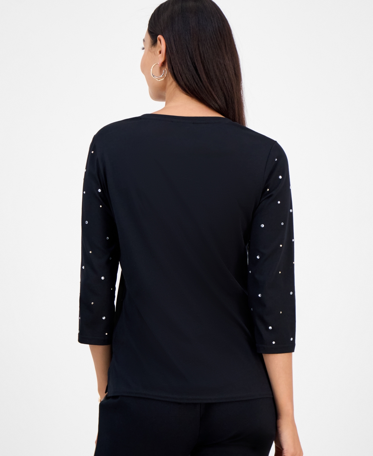 Jm Collection Petite Cotton Scoop-Neck Rhinestone 3/4-Sleeve Top, Macy's Exclusive
